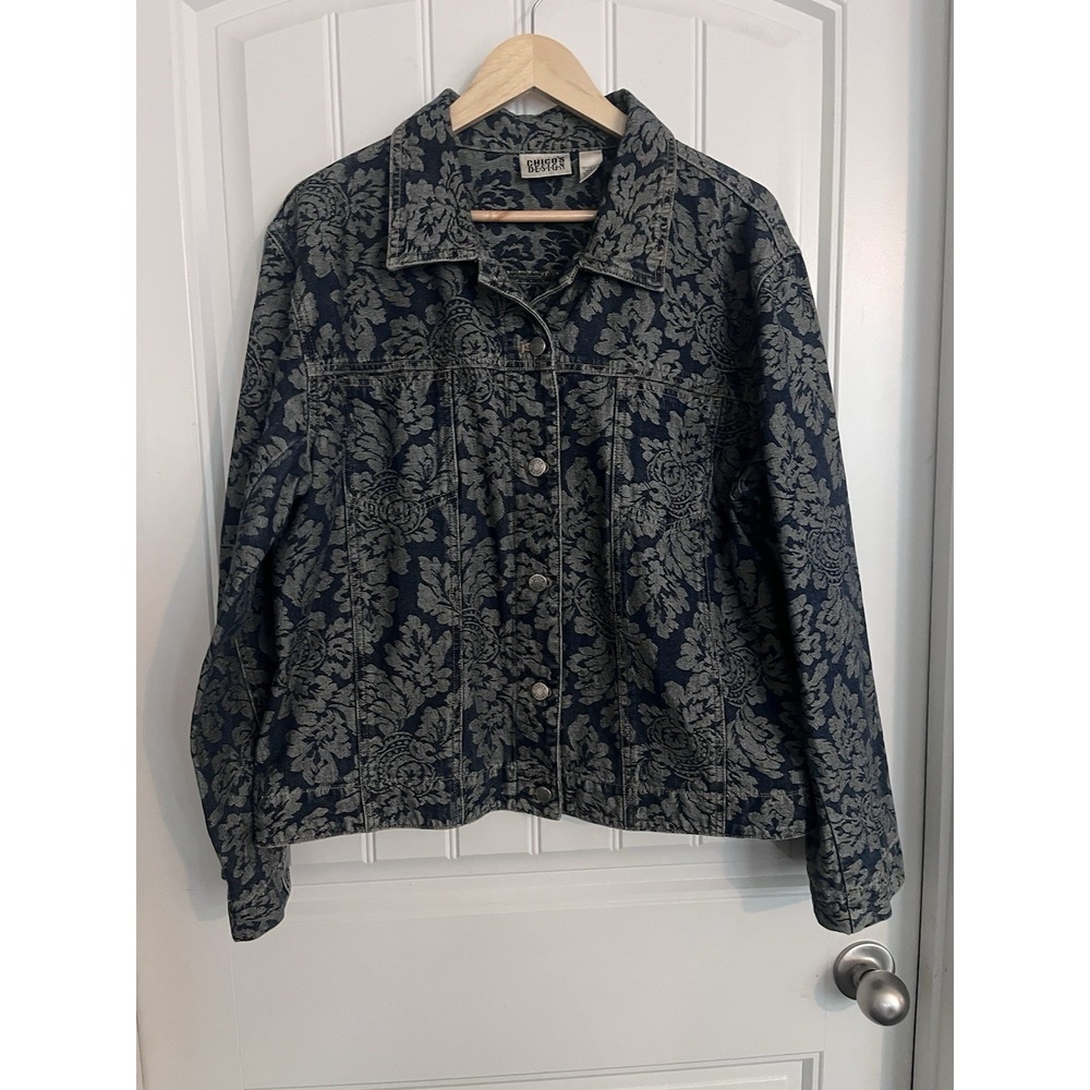Chicos Jean Jacket Womens Size 3 Large Blue Floral Lightweight Zipper Pockets CC